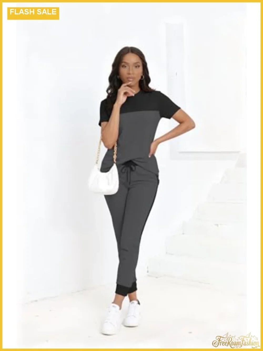 Women's 2 Piece Color Block Jogger Tracksuit Lounge Set with Short Sleeve Top